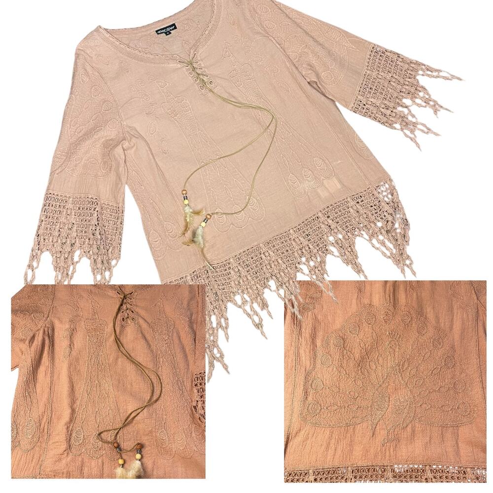Anthropologie Dor Dor Couture Peacock Embroidered Tunic Top Sz S Boho Dusty Rose